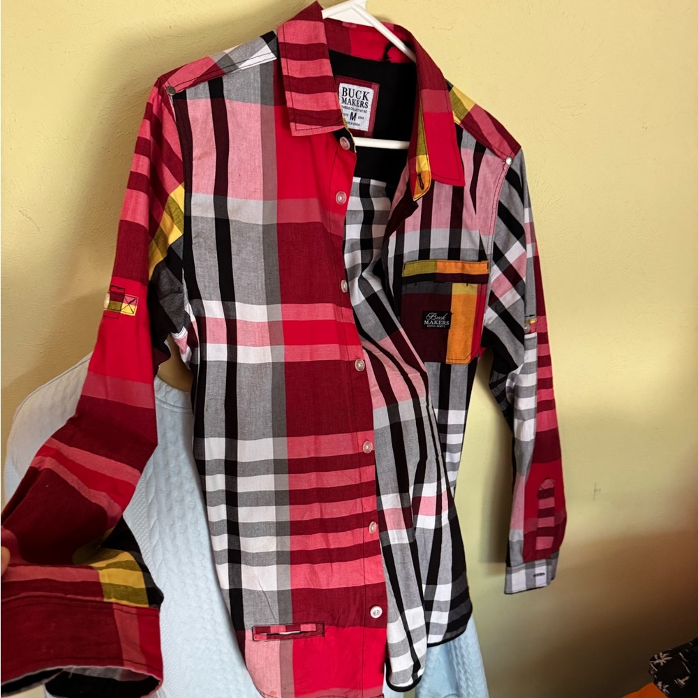 Men's Plaid Button Down Shirt - Red, Black, Yellow,white, with “SECRET POCKET “